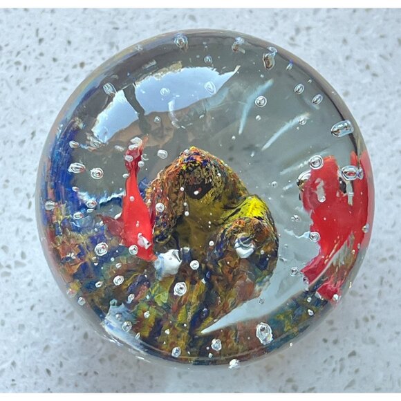Handcrafted Blown Glass Paperweight With Colorful Fish & Bucillante Bubbles Gift - Picture 4 of 11